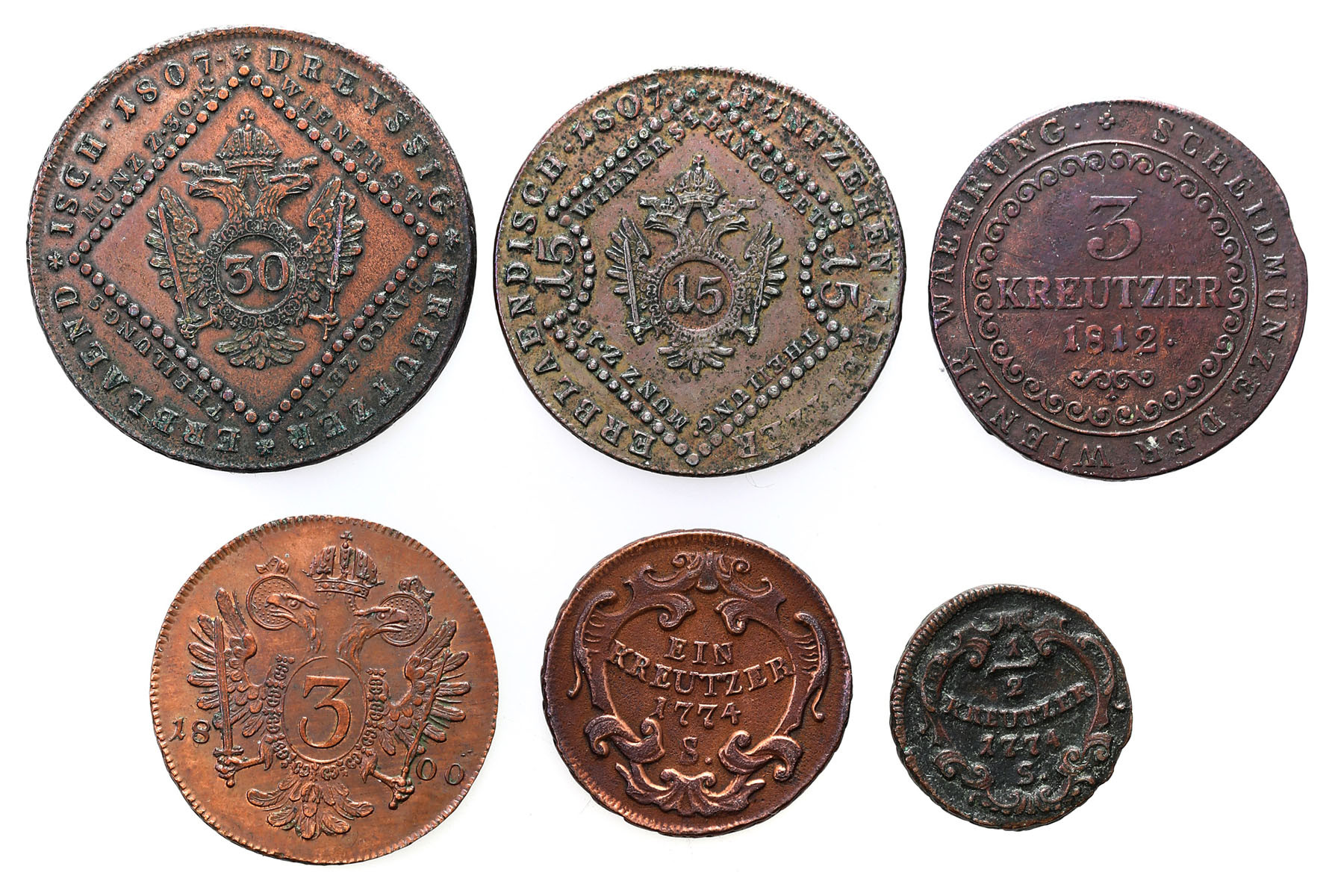 Austria. 1/2 do 30 krajcarów 1774 - 1812, zestaw 6 monet